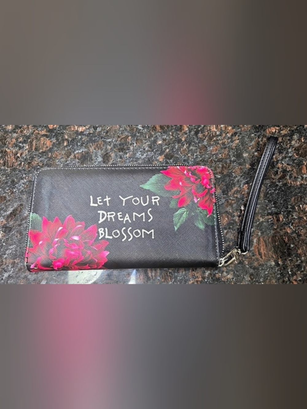 Betsey Johnson Let Your Dreams Blossom Floral Zip-Around Wristlet Wallet Black &